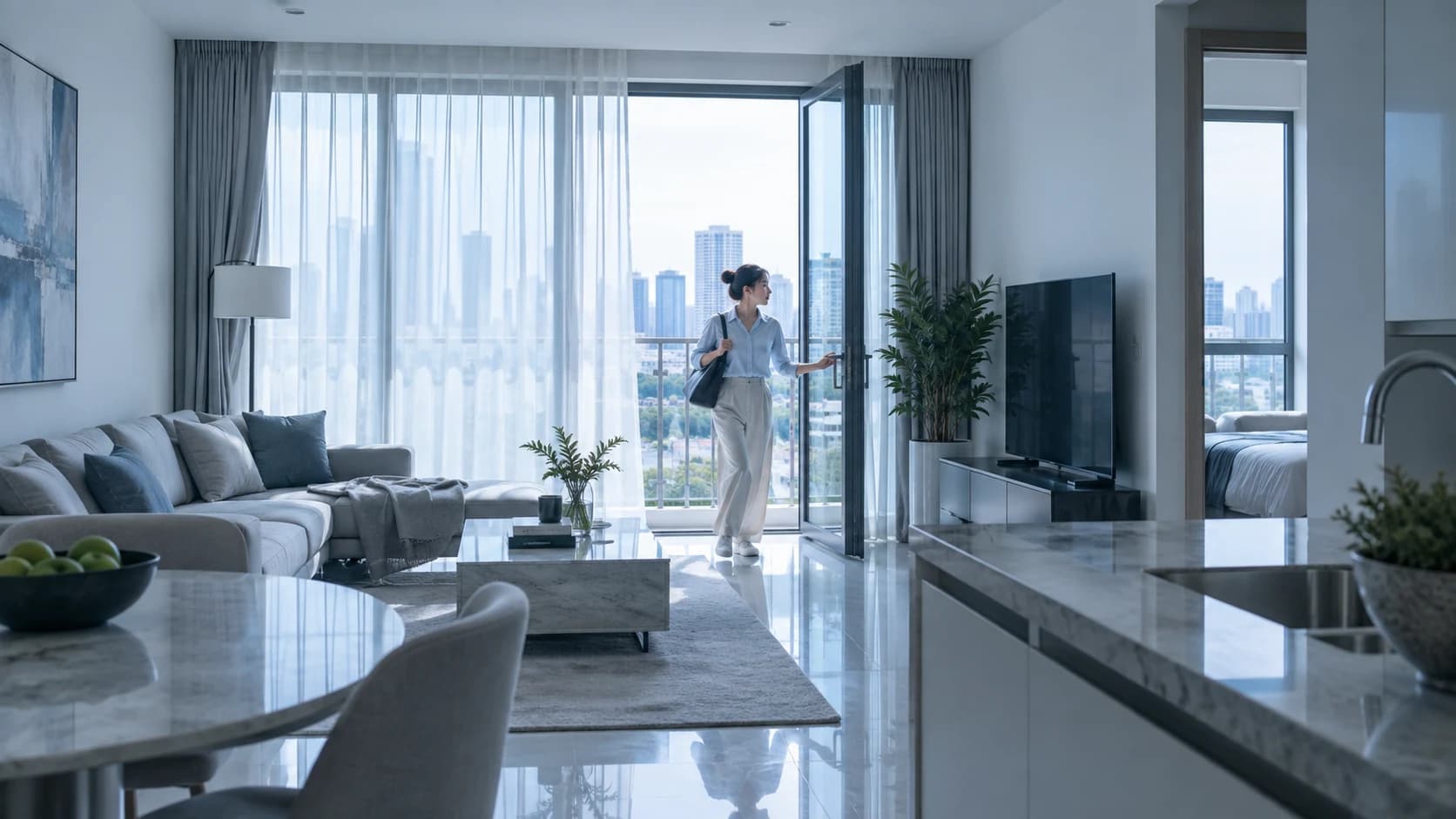 A manager stepping from the balcony into the living room of a serviced apartment, morning city light streaming through the glass door.