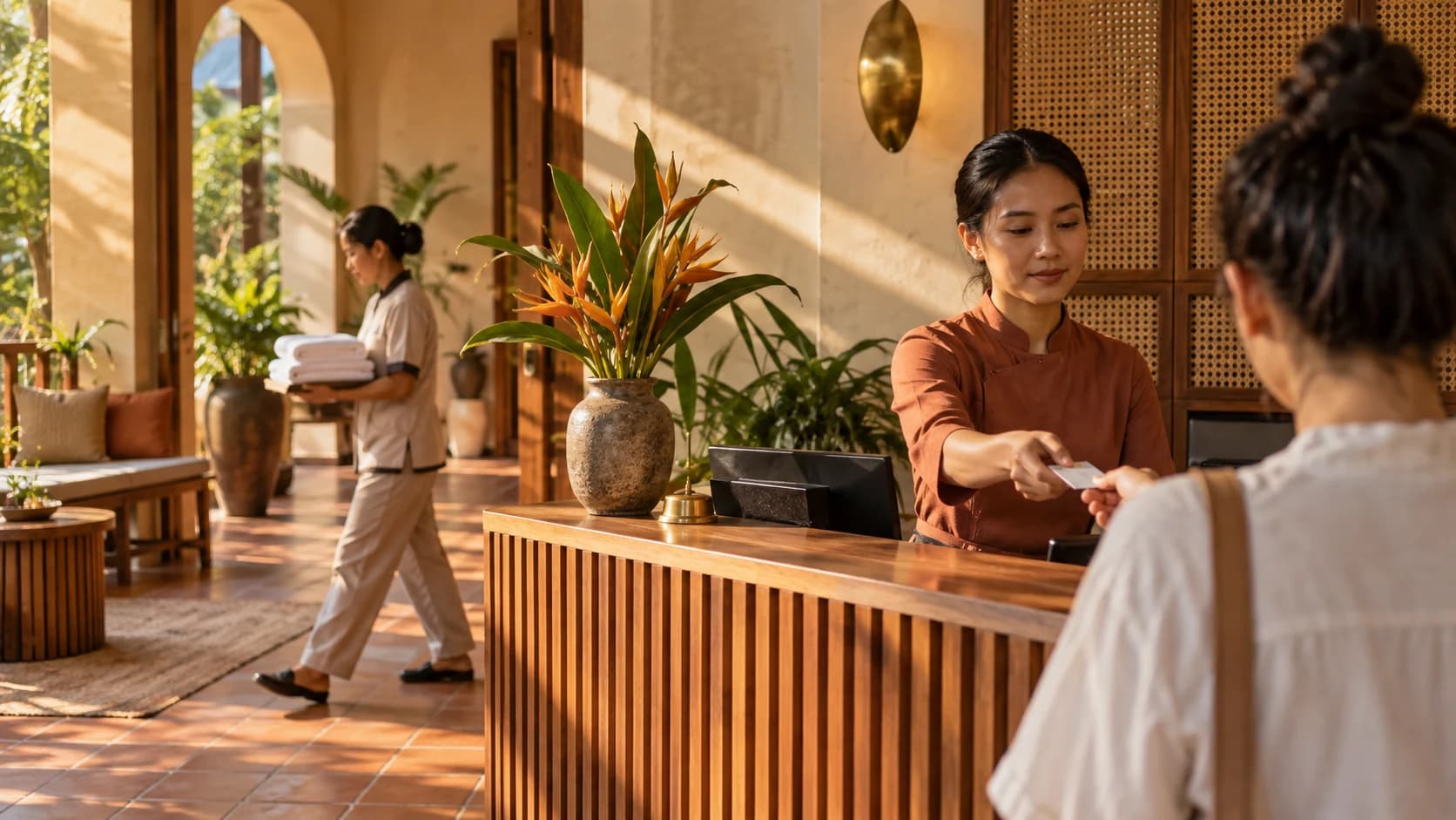 A small hotel receptionist handing a key card to a guest over a wooden desk, another staff member walking past with a tray behind them.