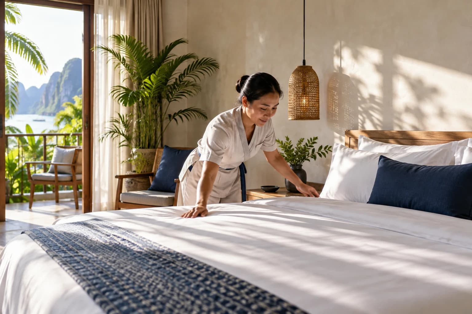 A housekeeper straightening white sheets in a room full of natural light.
