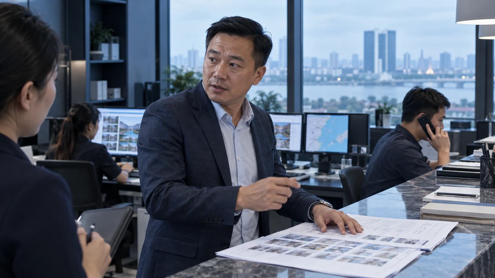 A multi-property coordinator sitting at a tall desk, a hand resting on a stack of printed property photos, turning to a colleague holding a tablet; a wall screen behind them shows a map of Vietnam and photos of each property.