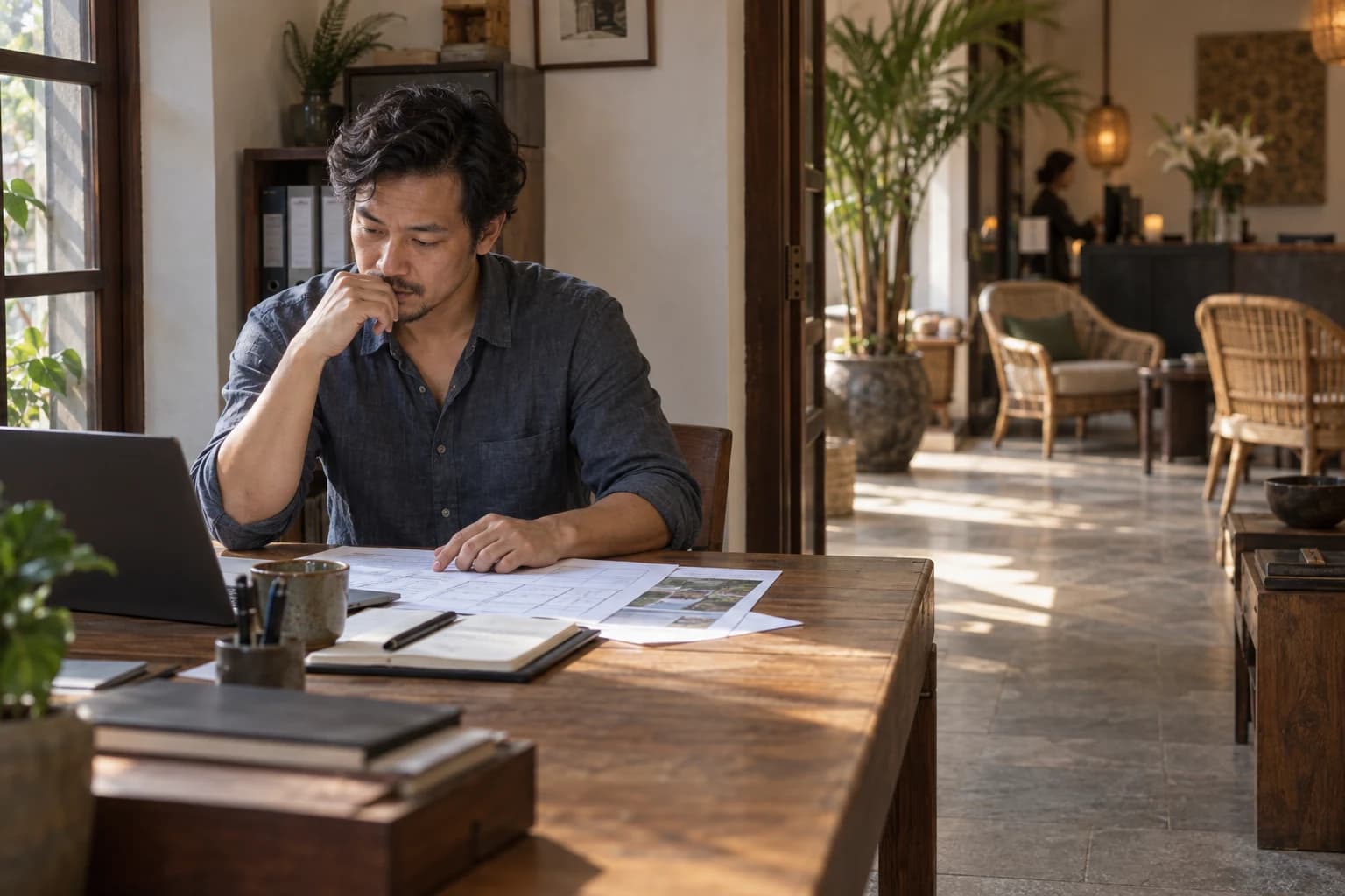A multi-property operator sitting at a desk overlooking the lobby, reading a printed report next to a laptop.