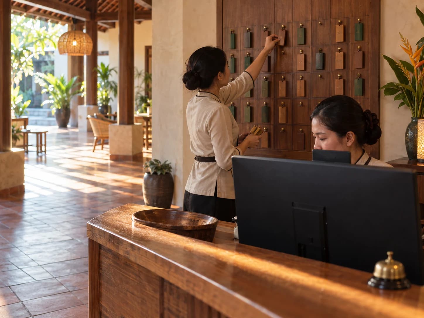 A receptionist at a screen looking at the room calendar, another staff member hanging a key tag on the room board in a sunlit lobby behind them.
