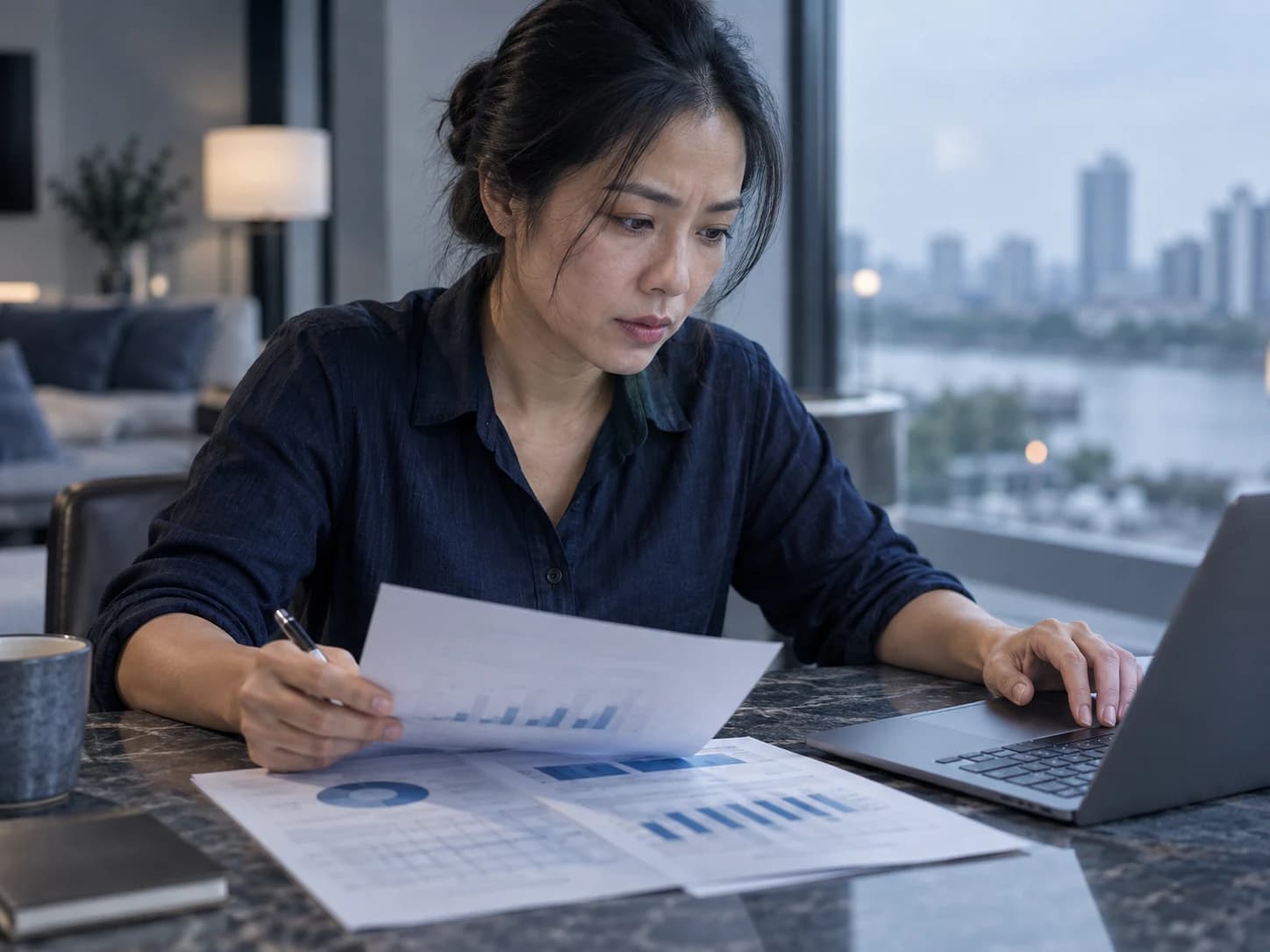 A property owner sitting at a stone table, one hand on a laptop and the other holding a pen to their chin, a printed report with a chart open on the table, a river and high-rises visible through the window.