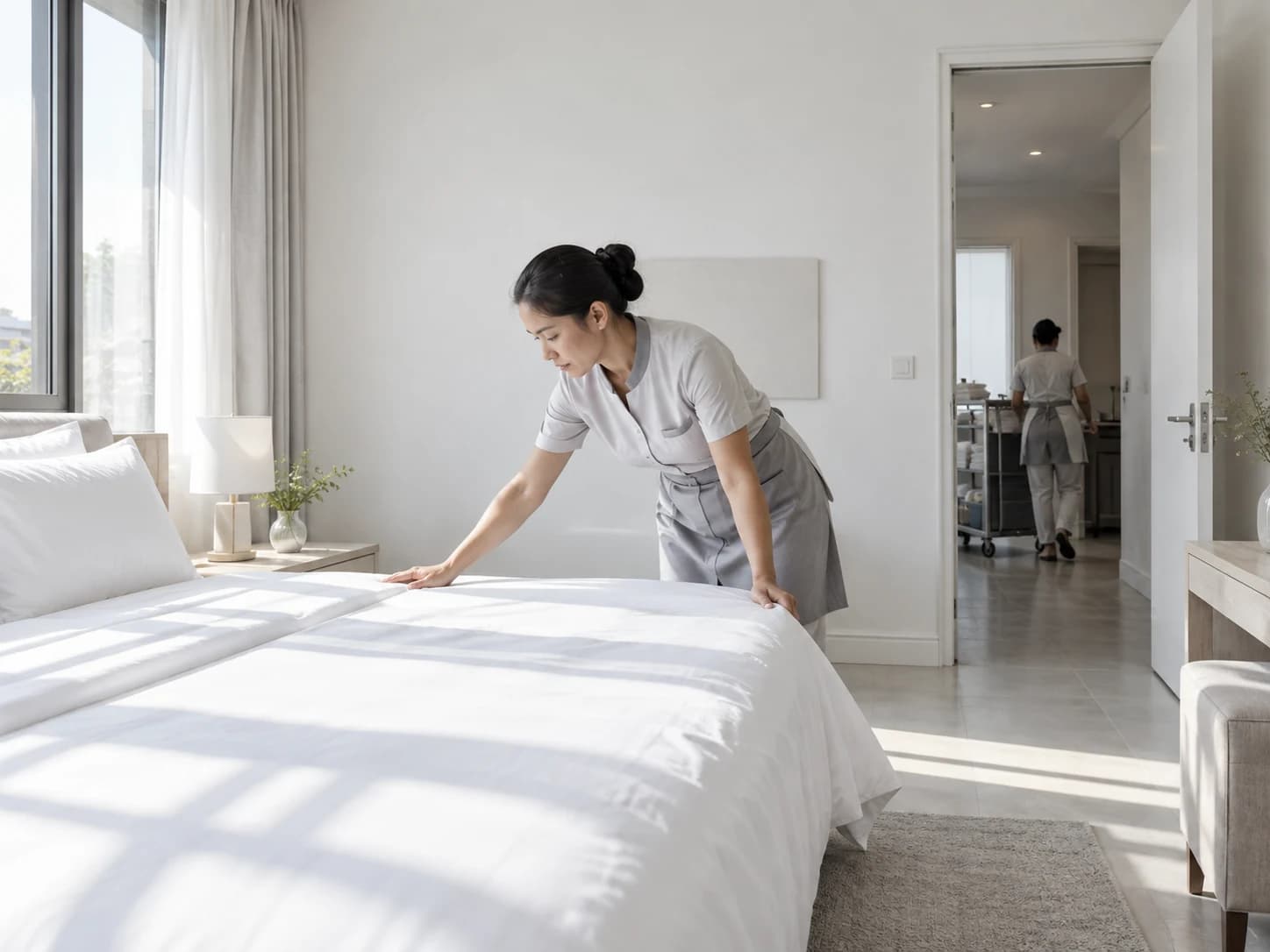 A housekeeper smoothing white sheets in a hotel room full of natural light.
