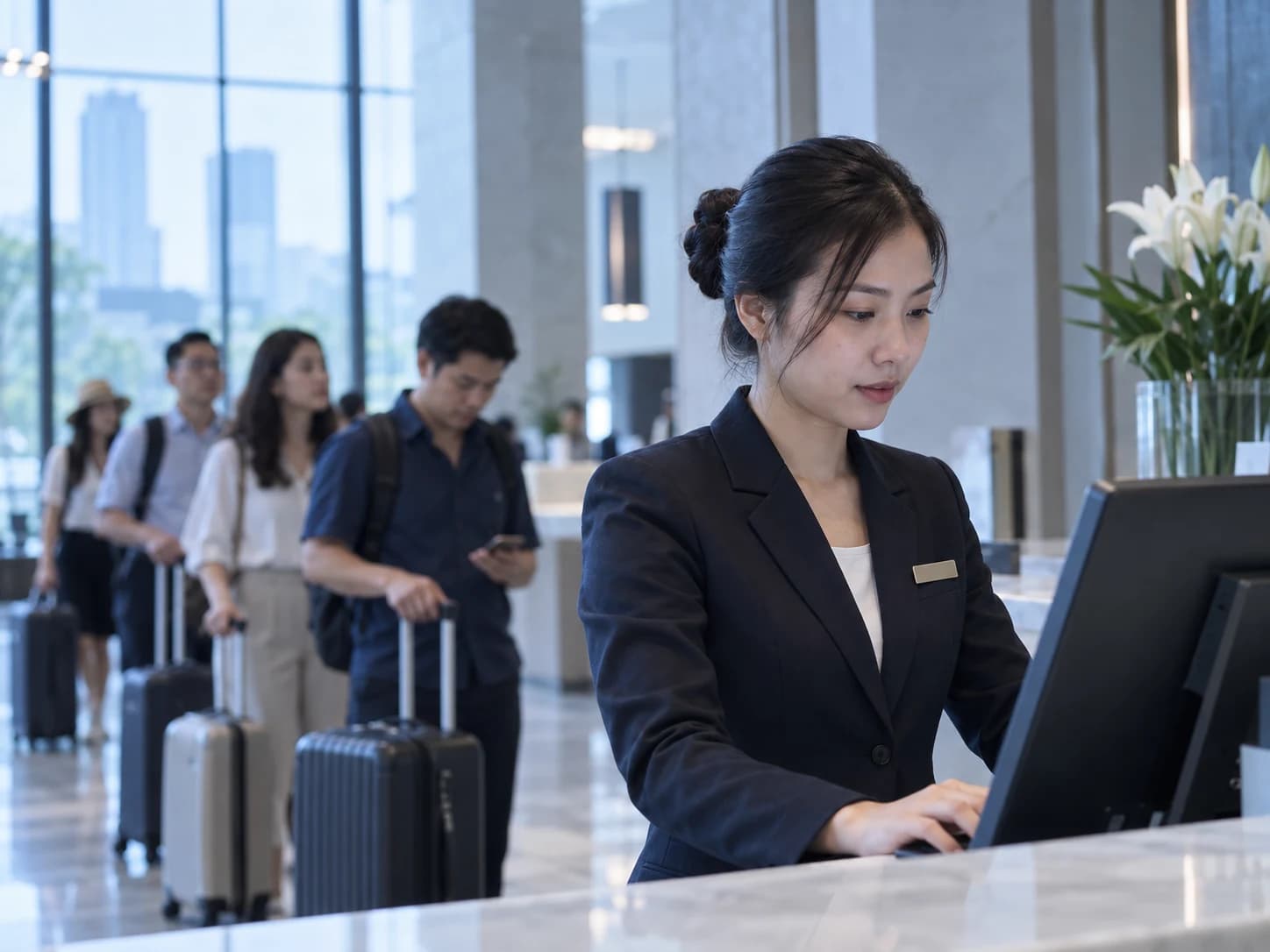 Nhân viên lễ tân đứng sau quầy, cầm máy tính bảng đang mở bảng điều khiển trong ngày của Roomrise.
