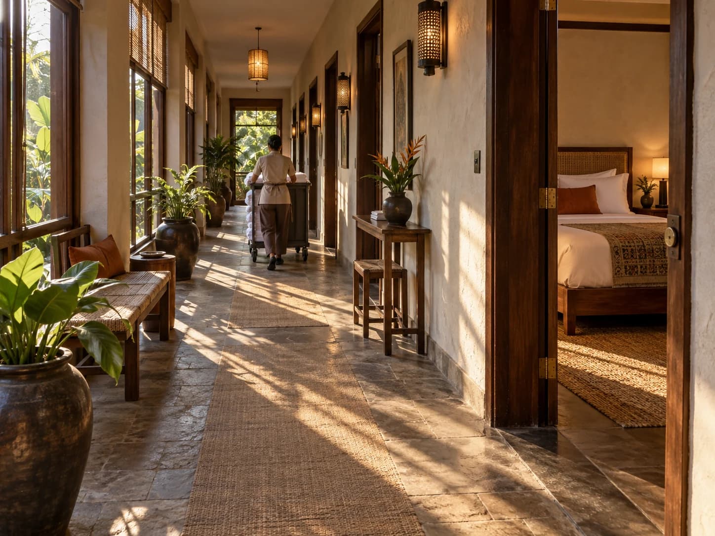 Hành lang khách sạn boutique chín phòng, nhân viên đẩy xe khăn đi xa khỏi máy ảnh, nắng cắt thành dải trên sàn đá.