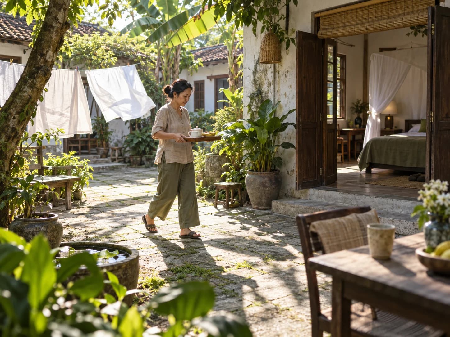Sân trong của một homestay nhỏ buổi sáng, dây phơi ga trắng bay nhẹ, chủ nhà đi ngang bưng khay.