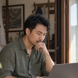 Chủ homestay ngồi ở bậc cửa ban công ngập nắng, làm việc trên máy tính xách tay.